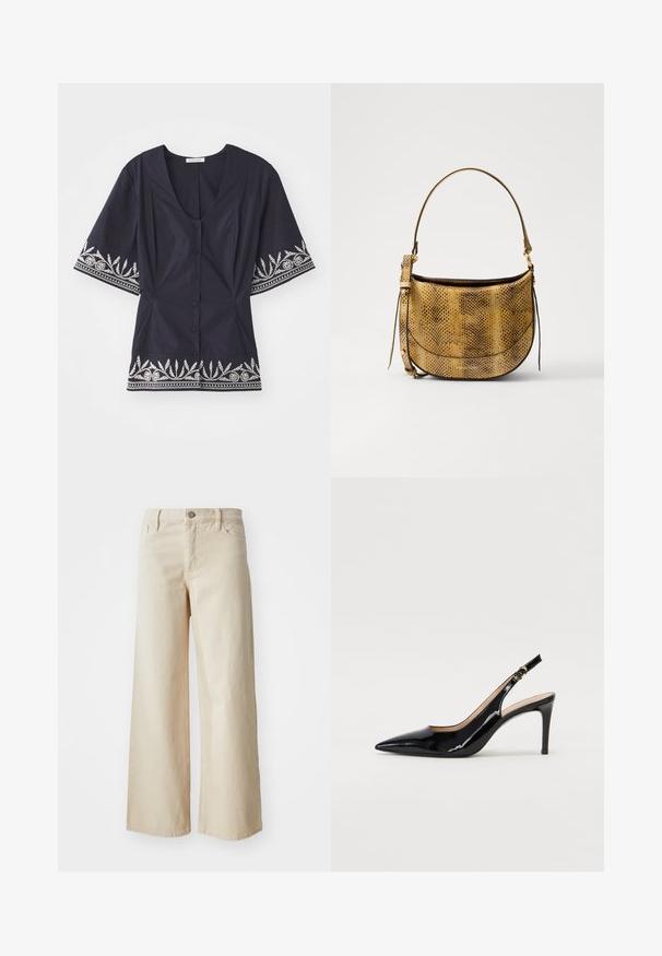 Navy blue blouse with a V-neck, short sleeves, and white floral embroidery along the hem and sleeves. Features button closure.; Beige wide-leg jeans made of denim, featuring a high waist, button closure, belt loops, and side pockets. Smooth texture and relaxed fit.; Black patent leather slingback pump with pointed toe, slim heel, and a subtle cutout design. Features a gold buckle on the strap.; Vanessa Bruno MINI DAILY BAG - Cross body bag - camel