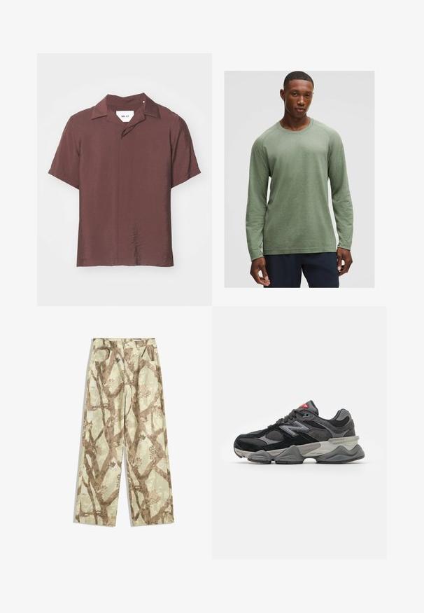 Camicetta a maniche corte con colletto in un profondo colore bordeaux. Tessuto leggero e testurizzato con una vestibilità rilassata e una leggera lucentezza. Etichetta visibile.; Camicia a maniche lunghe di colore verde tenue con un motivo testurizzato, scollatura rotonda e maniche raglan, realizzata in tessuto morbido e leggero.; Pantaloni realizzati in un tessuto leggero di colore verde chiaro, con un motivo a rami di albero marroni, design a gamba larga e due tasche frontali.; Sneaker nera e grigia con un mix di materiali in suede e mesh, suola spessa, logo prominente e accento rosso sulla linguetta.