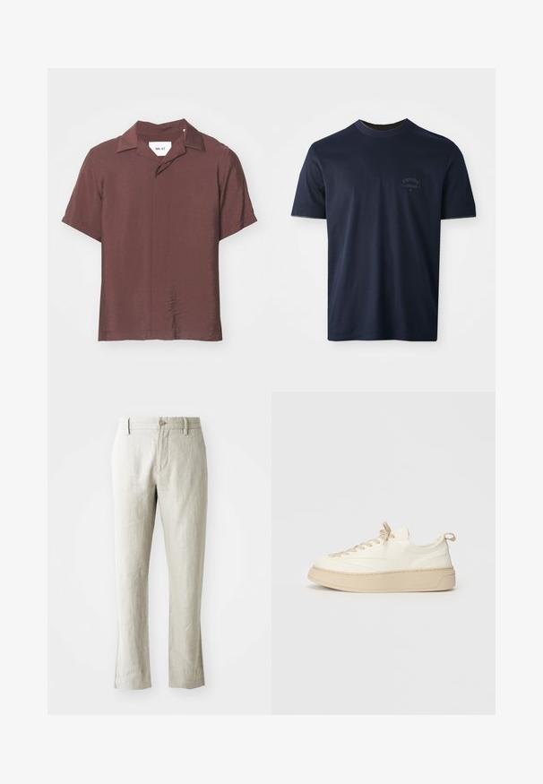 Short-sleeve, collared shirt in a deep burgundy color. Textured, lightweight fabric with a relaxed fit and subtle sheen. Label visible.; Navy blue cotton t-shirt with short sleeves, crew neck, and an embroidered logo on the left chest. Smooth texture, classic fit.; Light beige linen trousers with a straight cut, subtle texture, front button closure, and two side pockets. Tailored for a clean silhouette.; White leather sneakers with beige accents, featuring a rounded toe, flat laces, a thick sole, and a stitched detail around the base.