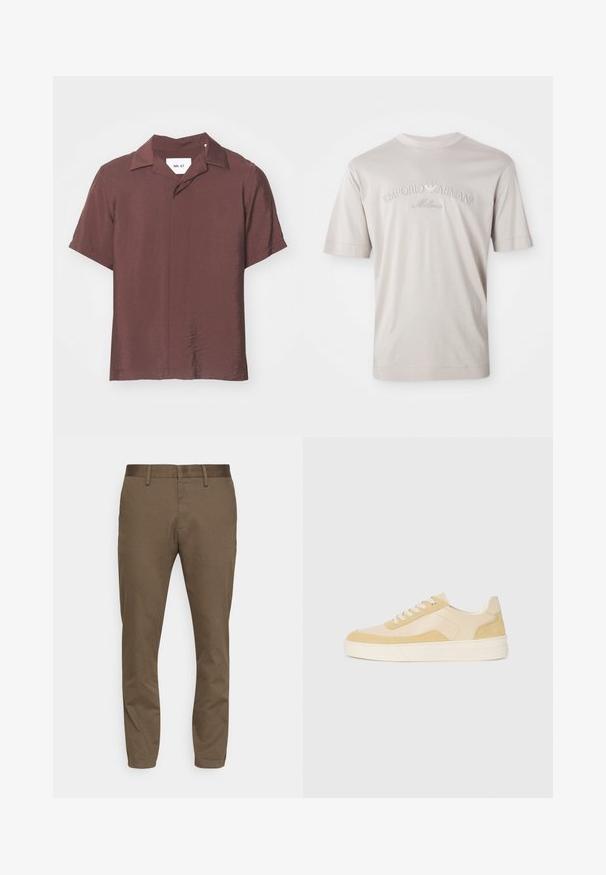 Koszula z krótkim rękawem, z kołnierzykiem w głębokim burgundowym kolorze. Teksturowany, lekki materiał o luźnym kroju i subtelnym połysku. Widoczna metka.; Jasno beżowa koszulka z krótkim rękawem wykonana z miękkiego materiału, z haftowanym logo "Emporio Armani Milano" w nieco ciemniejszym odcieniu.; Brązowe spodnie z rozciągliwego materiału o dopasowanym kroju. Posiadają gładką talię, szlufki na pasek oraz dwie przednie kieszenie.; Sneakers w jasnym żółtym zamszu i skórze, z miękką podeszwą i obszywanymi detalami. Klasyczny design na sznurowadła z okrągłym noskiem.