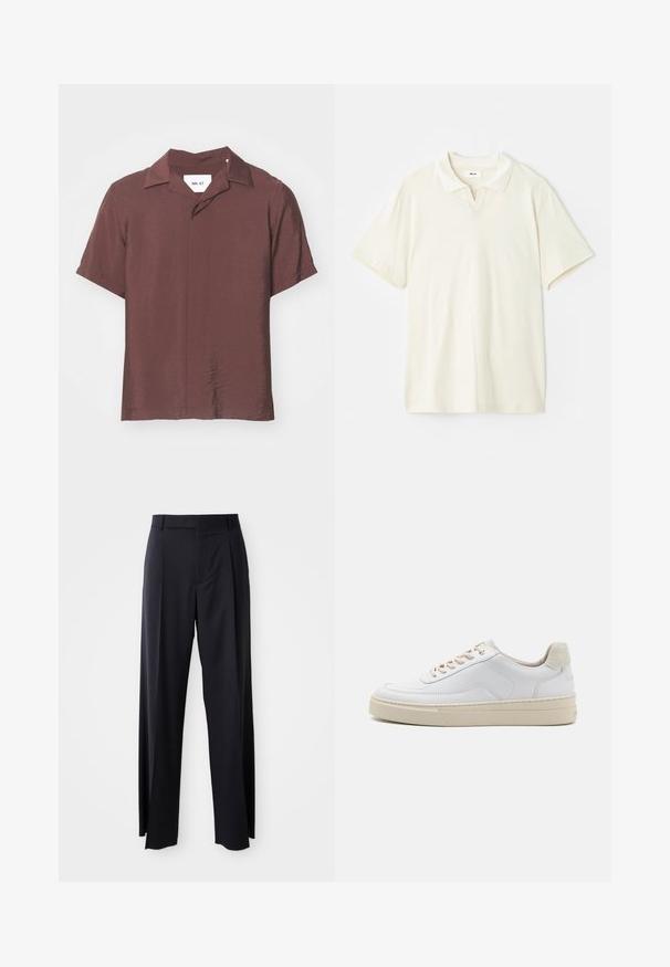 Short-sleeve, collared shirt in a deep burgundy color. Textured, lightweight fabric with a relaxed fit and subtle sheen. Label visible.; Cream-colored polo shirt with a classic collar, short sleeves, and a slight v-split at the neckline. Smooth texture and minimal design.; Black, high-waisted trousers with a wide-leg cut, made of smooth fabric. Features front pleats and belt loops. Minimalistic design, no visible hardware.; White sneaker featuring a smooth leather upper, beige laces, and a textured beige suede heel tab. Elevated sole for added height.