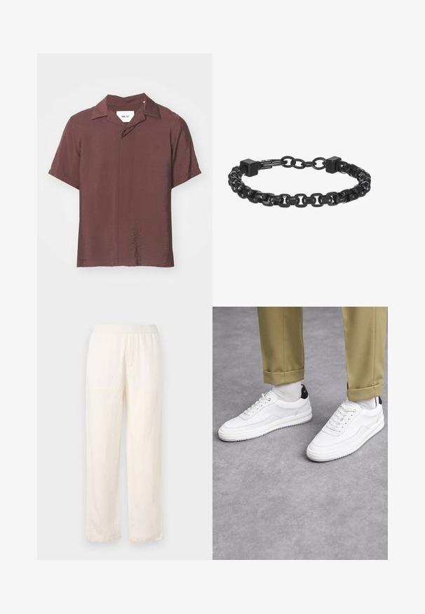 Camicetta a maniche corte con colletto in un profondo colore bordeaux. Tessuto leggero e testurizzato con una vestibilità rilassata e una leggera lucentezza. Etichetta visibile.; Pantaloni leggeri color crema con cintura elastica, design a gamba dritta e una sottile texture. Non presenta tasche visibili.; Sneaker bianchi con finitura in pelle testurizzata, punta arrotondata e accentuazione nera sul tallone. Suola in gomma con piccolo motivo di battistrada e dettagli cuciti.; Bracciale in metallo nero con catena caratterizzato da anelli intrecciati, dettagli squadrati e una superficie liscia. Design regolabile per una vestibilità migliore.