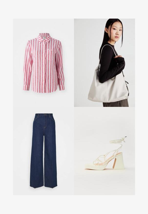 Czerwono-biała koszula z guzikami, wykonana z lekkiego materiału, z kołnierzykiem, długimi rękawami oraz małą kieszonką na piersi.; Jeansy z wysokim stanem, szerokimi nogawkami w ciemnoniebieskim kolorze, z kieszeniami z przodu i z tyłu, z zapięciem na guzik oraz widocznymi detalami w stieniu.; Biała sandał na wysokim obcasie z masywnym słupkiem, z paskowym wzorem i wiązaniem przy kostce. Gładka faktura z platformą z przodu dla dodatkowej wysokości.; Beżowa torebka wykonana z miękkiego materiału, charakteryzująca się luźnym fasonem, wyszywanymi detalami i dwoma uchwytami na ramię. Idealna na co dzień.