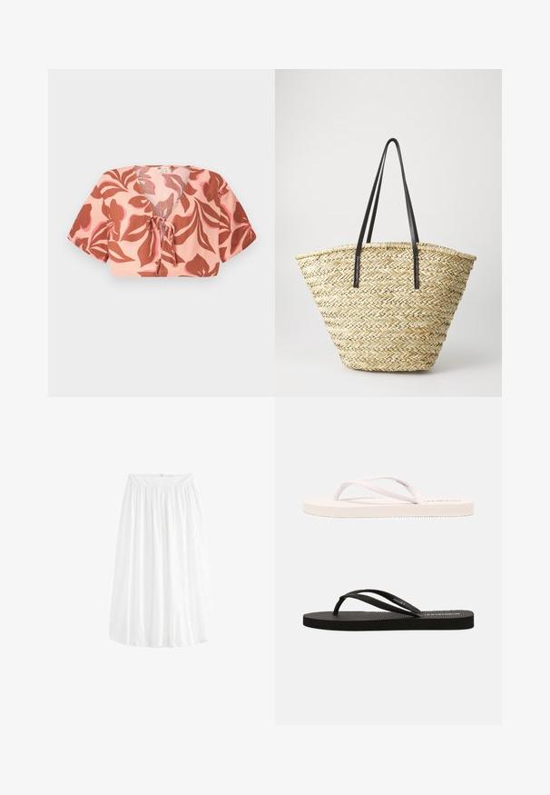 Kropēts tops pasteļa rozā audumā ar ziedu rakstu rust un mīkstā rozā krāsā, sasiets priekšā, ar īsām piedurknēm un V veida izgriezumu.; Baltā, līdz ceļgaliem garā svārka, kas izgatavota no viegla auduma. Tam ir elastīgs jostasvīrs, kas nodrošina regulējamu fitu un maigu krišanu.; Baltas un melns gumijas čības ar teksturētām zolēm, plānām siksniņām un kontrastējošām krāsām. Katrai pārī ir vienkāršs dizains un minimāla zīmola identitāte.; Auduma salmu soma ar plašu, sašaurinošu formu, aprīkota ar divām melnām ādas rokām. Dabiski beidža krāsa ar teksturētu virsmu.