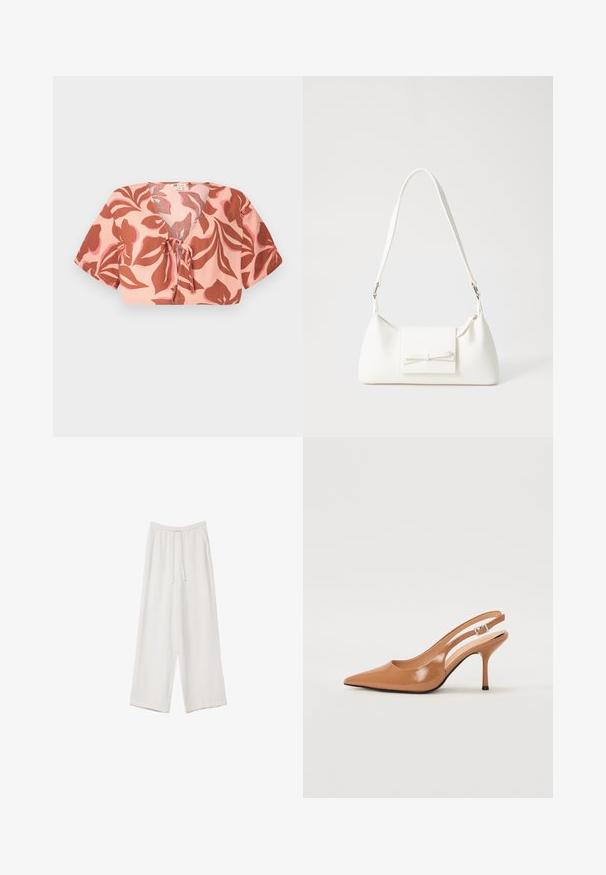 Krasti top od pastelno ružičaste tkanine s cvjetnim uzorkom u boji hrđe i svijetlo ružičastoj, vezan na prednjem dijelu, s kratkim rukavima i V-izrezom.; Bijele hlače širokih nogavica napravljene od lagane tkanine. Imaju elastičan pojas s ušicom i bočne džepove. Glatka tekstura.; Sandal s petom u obliku šiljastog prsta od glatkog, sjajnog smeškastog materijala. Ima zakrivljeni izrez i vitku štiklu. Detalj s srebrnom kopčom.; Bijela sintetička torbica s trokutastim oblikom, ravnim prednjim poklopcem i detaljem u obliku mašne, podesivom remenom, glatkom teksturom i minimalističkim dizajnom.