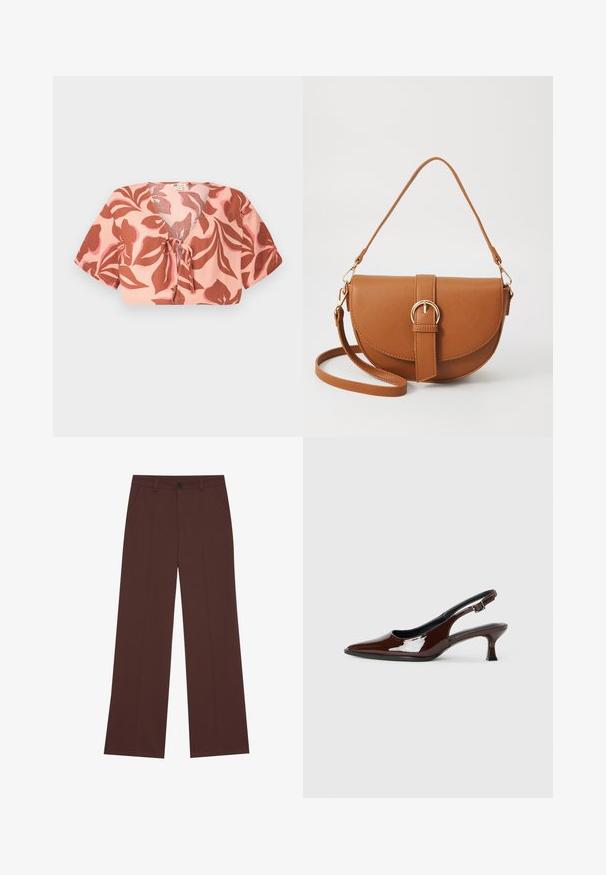 Kort topp i pastellrosa stoff med blomsterprint i rust og myk rosa, knyttet foran, med korte ermer og V-hals.; Bredde benbukser i en rik brun stoff. Har knappelukking, to frontlommer, glatt tekstur og rene linjer.; Brune patentlæder slingback sko med spids tå og moderat hæl. Har en spænde rem for sikker pasform. Glat tekstur.; Brun lærcrossbody-veske med en buet form, gullhardware og et spenneakcent. Har en avtakbar skulderreim.