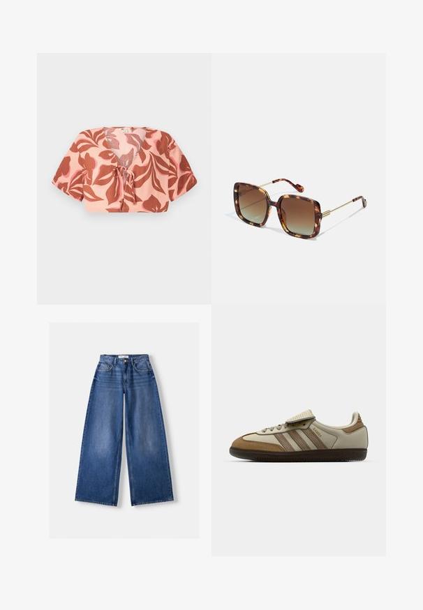 Skratený top v pastelovo ružovej látke s kvetinovým vzorom v okrovej a jemne ružovej farbe, viazaný vpredu, s krátkymi rukávmi a výstrihom do V.; Bershka WIDE-LEG - Široké nohavice - dark blue; Hnedé a krémové športové topánky s tromi béžovými pruhmi, z hladkej kože a kože, s dizajnom na šnurovanie a gumovou podrážkou. Textová značka na boku.; Hnedé korytnačkové slnečné okuliare so štvorcovým tvarom, gradientovými šošovkami a zlatými kovovými akcentmi na bočniciach a ramenách. Textúrovaný povrch.