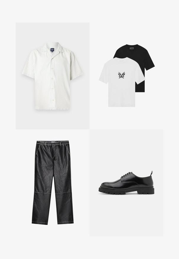 Šviesiai mėlynos ir baltos vertikalių juostelių trumpomis rankovėmis mygtukų marškiniai, pagaminti iš medvilnės audinio, su smailiu apykakle ir mygtukais priekyje.; Trumpai rankovės t-shirts juodos ir baltos spalvų, su ugnies rašto drugelio grafika baltame marškinėlyje. Pagaminta iš medvilnės.; Juodos dirbtinės odos kelnės, plačios klešnės, su siuvimo detalėmis ir priekinėmis kišenėmis, turinčios lygią, šiek tiek blizgią struktūrą.; Juodos odinės šlepetės su raišteliais, su suapvalintu pirštu, lygiu paviršiumi ir griūvančiu guminiu padu. Yra nedidelis kulniukas ir kilpa gale.