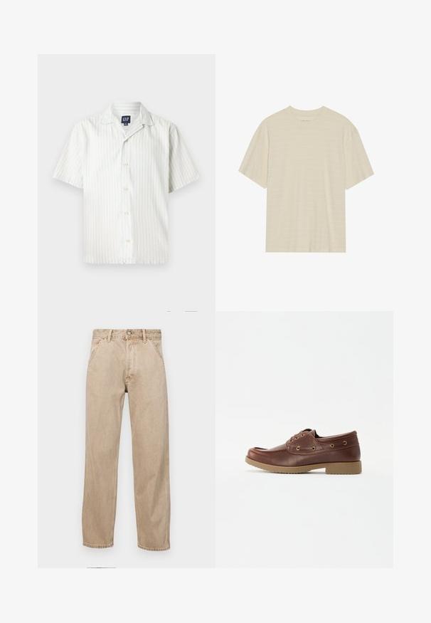 Cămașă cu mânecă scurtă, cu nasturi, în dungi verticale albastre și albe, realizată din țesătură de bumbac, având un guler ascuțit și nasturi în față.; Tricou de culoare crem, cu mânecă scurtă, având o textură subtilă cu dungi și un guler rotund, fabricat dintr-un material ușor.; Jeans din denim bej cu un design drept, care prezintă buzunare frontale, închidere cu buton metalic și o textură subtilă.; Pantofii din piele maro pentru bărbați, cu vârful rotunjit, talpa texturată, ochiuri aurii și detalii de cusătură pe partea superioară pentru un design clasic.