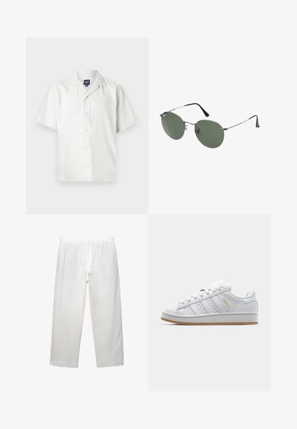 Lyhythihainen nappipaita vaaleansinisissä ja valkoisissa pystysuorissa raidoissa, valmistettu puuvillakankaasta, jossa on terävä kaulus ja etunapit.; Valkoinen puuvillapaita lyhyillä hihoilla, pyöreällä kaula-aukolta ja rentoa istuvuutta. Sujuva pinta ilman näkyviä kuvioita tai korostuksia.; Valkoiset pellava-housut, joissa on elastinen vyötärö ja naru, leveät lahkeet ja siistit saumat. Sileä pinta ja rento istuvuus.; Valkoiset tennarit, joissa on läpikuultava kolmiraidallinen muotoilu, tekstuuriset korostukset, kumipohja ja kultainen "CAMPUS" -logo sivulla.; Aurinkolasit metallikehyksillä, joissa on soikeat vihreät linssit. Ohut hopeinen metallikehys ja mustat korvapehmusteet. Minimalistinen muotoilu, ei näkyviä logoja.