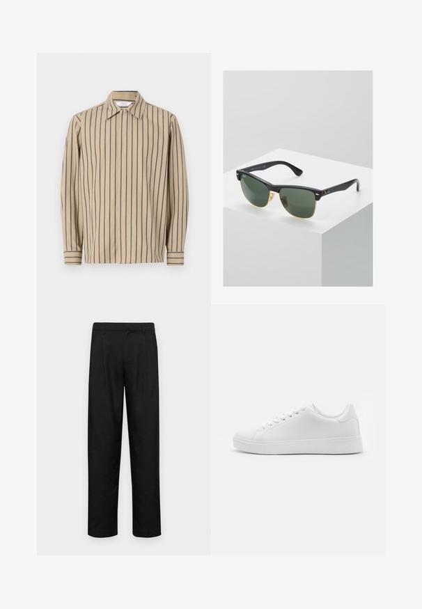 Bež košulja dugih rukava s mornarskim vertikalnim prugama, šiljastim ovratnikom i dugmadima na manžetama, izrađena od glatkog pamuka u kombinaciji s drugim vlaknima.; Crne hlače od glatkog materijala, s dizajnom ravnih nogavica, dva prednja nabora i standardnim pojasom s petljama za remen.; Bijele tenisice s glatkim sintetičkim gornjim dijelom, okruglim nožnim prstom, šest rupa za vezanje i niskoprofilnom gumenom potplatom s teksturiranim detaljima.; Ray-Ban sunčane naočale s zelenim lećama, crnim plastičnim okvirima i zlatnim naglascima na rubovima. Kvadratnog su oblika s mat i završnom obradom.
