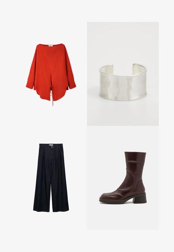 Blusa roja de corte holgado, hecha de una tela suave. Presenta un escote amplio, mangas largas, aberturas laterales y un detalle de lazo en el dobladillo.; Top de punto cortos de manga en color beis claro con detalle de bufanda adjunta drapeada alrededor del escote.; Pantalones de mezclilla oscuros de pierna ancha con una cintura alta, que cuentan con un cierre de botón en la parte delantera, dos bolsillos laterales y detalles de costura.; MIISTA MALENE - Botines - brown; Zign Pulsera - silver-coloured