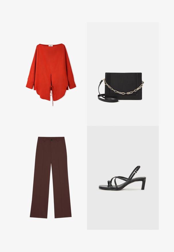 Rote, locker sitzende Bluse aus weichem Stoff. Verfügt über einen weiten Ausschnitt, lange Ärmel, seitliche Schlitze und ein Bindedetail am Saum.; Weite Hose aus einem hochwertigen braunen Stoff. Mit einem Knopfverschluss, zwei frontalen Taschen, glatter Textur und klaren Linien.; Schwarze Sandale mit Riemchen, quadratischer Zehenform und niedrigem Blockabsatz. Verfügt über mehrere dünne Riemen und einen verstellbaren Knöchelriemen. Hergestellt aus glattem Leder.; Schwarze Leder-Crossbody-Tasche mit glatter Textur, rechteckiger Form und metallic-kettendetail auf der Vorderseite. Verstellbarer Gurt inklusive.