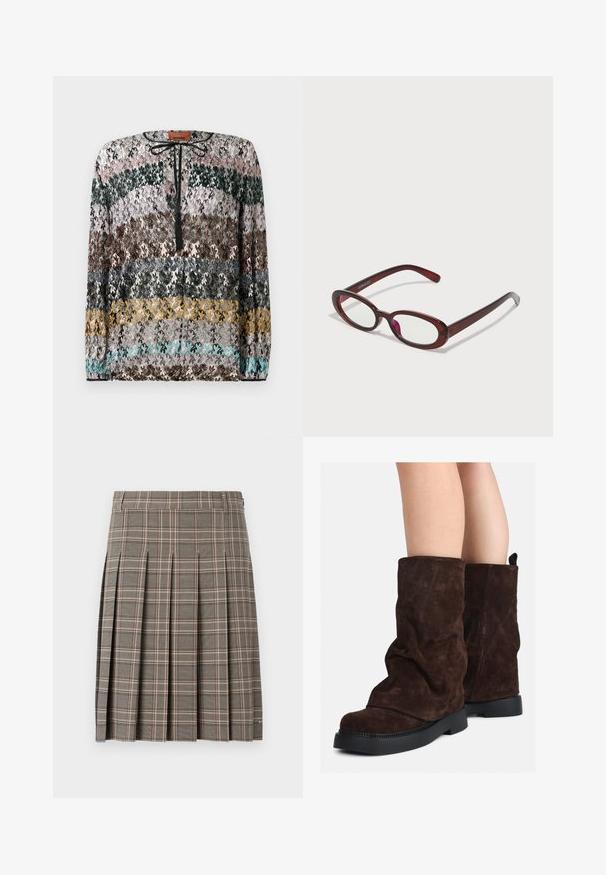 Pikkade varrukatega kampsun horisontaalsete siksaktriipudega mustas, roosas, rohelises, pruunis, hallis, kollases ja türkiissinises, millel on must sidumisrihm kaelas.; Hallitusseente ruuduline seelik, millel on voldid, tumedate ja heledate toonide segu ning peene roosa joon. Valmistatud tekstureeritud kangast, millel on vöökoht.; Pruunid sametist keskmise pikkusega saapad mustade kummist talladega, kantud paljaste jalgadega, saapaste varsi peal on nähtavad kerged kortsud.; Ovaalsed punased prillid, millel on selged läätsed ja sujuvad pruunid kered. Disainis on peened kõverad ja minimaalne riistvara.