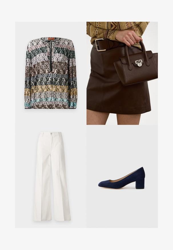Langarmpullover mit horizontalen Zickzackstreifen in Schwarz, Pink, Grün, Braun, Grau, Gelb und Türkis, mit einem schwarzen Bindeband am Ausschnitt.; Weiße weite Hosen aus Baumwolle mit glatter Textur. Sie verfügen über einen vorderen Knopf, einen Reißverschluss und ein Design mit vier Taschen.; Marineblaue Wildleder-Pumps mit spitzem Zehenbereich und einem mittelhohen Blockabsatz. Glatte Textur mit einem subtilen Glanz und einem kleinen Ausschnitt an der Vorderseite.; Braune Lederhandtasche mit strukturiertem Finish und silbernen Beschlägen, gehalten mit einer Hand neben einem braunen Lederrock und einem gemusterten Pullover.