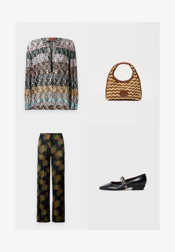 Langærmet sweater med vandrette zigzag-striber i sort, pink, grøn, brun, grå, gul og turkis, med en sort slips-nakke.; Svarte brede bukser med et print af grønne og orange ginkgoblade. Stoffet har en subtil tekstur, der fremhæver mønstret gennem hele bukserne.; Sorte læder højhælede sko med spids tå, der har en multicolor-rem og hardware i guldtoner. Lav, vinklet blokhæl.; Vevet stråtaske med et zigzag-mønster, brunt læderhåndtag og -bund samt en rektangulær logo-patch på forsiden.