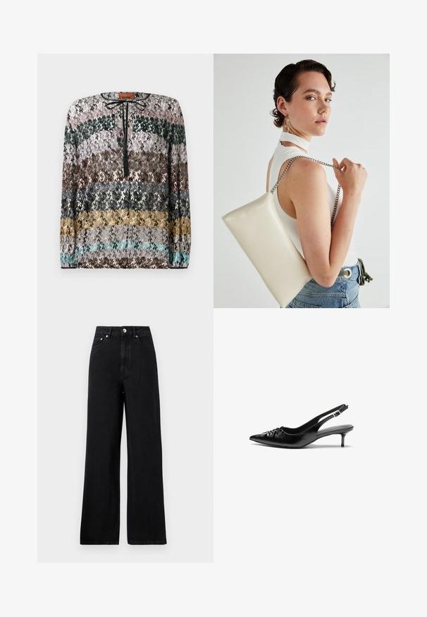 Maglione a maniche lunghe con righe zigzag orizzontali nei colori nero, rosa, verde, marrone, grigio, giallo e turchese, con un collo a cravatta nero.; Jeans in denim nero a vita alta con un design a gamba larga, dotati di cinque tasche e dettagli in metallo argentato. Tessuto complessivamente morbido.; Tacchi slingback in pelle nera con punta affusolata, piccolo tacco kitten e un dettaglio a nodo decorativo sulla parte anteriore. Texture liscia su tutta la superficie.; Borsa a pochette rettangolare bianca realizzata in materiale lucido, con una tracolla in catena argentata. Il modello posa, mostrando la borsa su uno sfondo semplice.