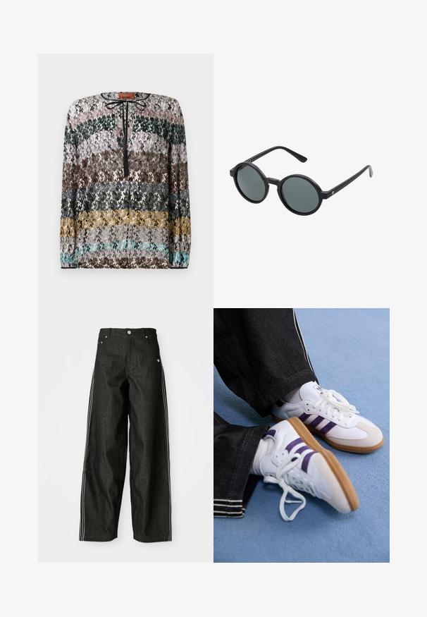 Pulover s dolgimi rokavi z vodoravnimi cik-cak črtami v črni, roza, zeleni, rjavi, sivi, rumeni in turkizni barvi, z black kravato na vratu.; Črne denim široke hlače s belimi stranskimi črtami, ki imajo sprednje žepe, gumbasto zapiranje in diskreten logotip blizu pasu.; Bele atletske čevlje bele barve s purpurnimi črtami in rjavimi gumijastimi podplati, opremljeni z okroglimi vezalkami in oblazinjenim ovratnikom. Nosijo se s temnimi džins hlačami.; Okrogle sončna očala z črnim plastičnim okvirjem in temnosivimi lečami. Imajo tanke, ravne ročice z minimalističnimi poudarki.