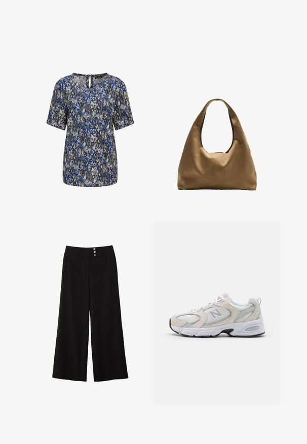 Blouse à manches courtes avec un motif abstrait bleu, vert et noir. Dotée d'un col rond avec un détail en forme de trou de serrure à l'arrière. Tissu léger.; Pantalons larges noirs avec une taille plate, ornés de deux boutons à l'avant et de poches latérales pour plus de fonctionnalité. Texture lisse.; Chaussure de sport avec un dessus en mesh gris clair et des accents en daim, des lacets blancs et une semelle en caoutchouc noire. Détail d'amorti ABZORB remarquable.; Sac à épaule en tissu marron avec un corps large et arrondi et une grande poignée découpée. Texture douce, design minimaliste et aucun matériel visible.
