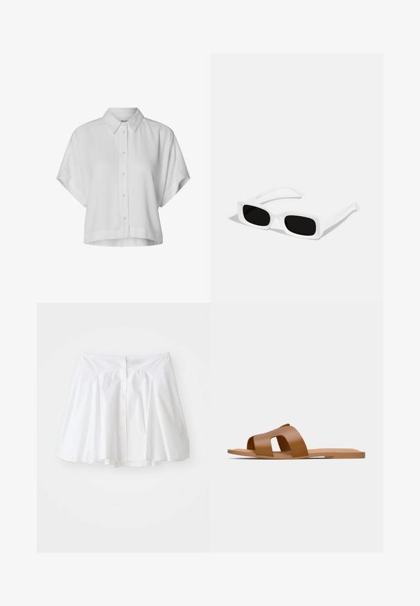 Kurzärmliges, verkürztes weißes Hemd aus leichtem Stoff. Verfügt über einen klassischen Kragen und eine Knopfleiste mit lockerer Passform.; Weißer Baumwollrock mit ausgestelltem Design, der eine Knopfleiste an der Vorderseite und subtile Raffungen an der Taille für eine schöne Form aufweist.; Braune flache Sandalen mit breiten, überkreuzten Riemen aus glattem synthetischen Material und einer flachen, minimalistischen Sohle.; Weiße rechteckige Sonnenbrillen mit schwarzen Gläsern, ausgestattet mit einer matten Oberfläche und glatter Textur. Die Bügel sind schlank und leicht gebogen.