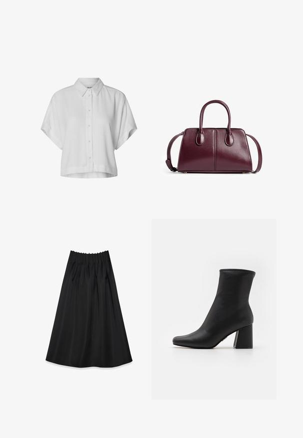 Kortærmet, cropped hvid skjorte lavet af letvægtsstof. Har en klassisk krave og knaplukning foran med en afslappet pasform.; Sort skørt lavet af glat stof med en elastisk talje og plisseringer, der har et flydende design, der strækker sig til midt på læggen.; Sort ankelstøvle lavet af glat læder med spids tæppe og en tykkere, rektangulær hæl. Har en syet kant for ekstra detaljer.; Bourgogne håndtaske lavet af glat læder, med to runde håndtag, en skulderrem og minimalistiske syede detaljer.; Multiværs halskæde med cremede hvide perler i forskellige størrelser, sikret med en simpel sølvfarvet lås og accenter.