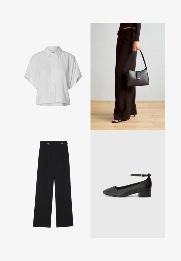 Korte mouwen, cropped wit shirt van lichtgewicht stof. Beschikt over een klassieke kraag en een knoopsluiting aan de voorkant met een relaxte pasvorm.; Zwarte wijde broek met hoge taille, knoopdetails op de tailleband en plooien aan de voorkant.; Zwarte leren pump met een spitse neus en een lage blokhak. Beschikt over een enkelband met een goudkleurige gespsluiting. Gladde textuur.; Zwarte handtas met gestructureerde vorm, gladde textuur en een metalen sluiting. Gecombineerd met brede zwarte broeken en sandalen met open teen op een houten vloer.