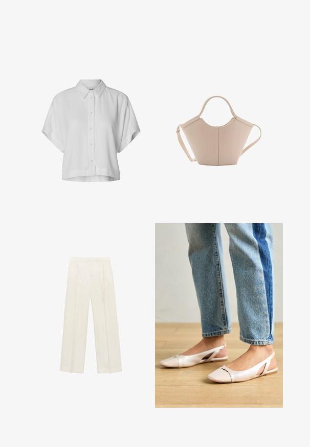 Kratki rukav, skraćena bijela košulja od lagane tkanine. Ima klasični ogrlicu i dugmad sprijeda s opuštenim krojem.; Hlače širokog kroja u svijetloj krem boji. Izrađene su od glatkog materijala s plisama sprijeda i bočnim džepovima.; Svijetlo ružičaste slingback balerinke s šiljastim vrhom, izrađene od glatkog materijala nalik koži. Sadrže izrezane detalje sa strane i ravnu petu.; Bež kožna torba jedinstvenog oblika, s dva kratka ručka i dugom podesivom trakom. Glatka tekstura s minimalnim metalnim dodacima.