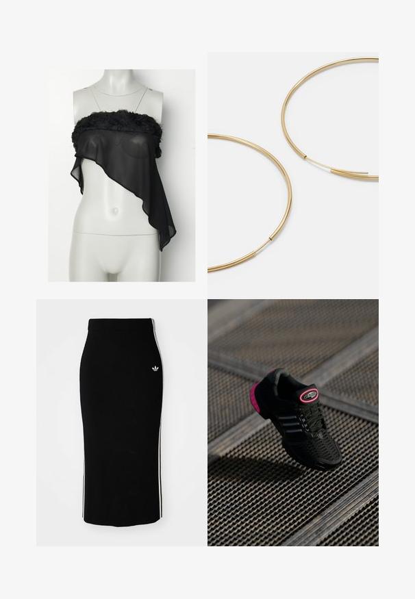 Černý šifónový top s volánkovým živůtkem a asymetrickým lemem. Lehký a průsvitný materiál vytváří vznosný vzhled.; Černá žebrovaná midi sukně s přiléhavým střihem, která má bílé boční pruhy a malé bílé emblémy na levé straně.; Černá sportovní obuv s síťovaným svrškem, růžovými akcenty a černými pruhy. Obsahuje texturovanou podrážku a štítek s logem na patě.; Zlaté kruhové náušnice, tenké a kulaté, s hladkým kovovým povrchem a bez zdobení či vzorů.