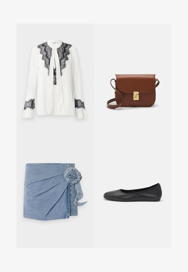 Blusa blanca con detalles de encaje negro en el cuello y las mangas, con un lazo en el escote y puños rizados.; Sarong de denim en un tono azul claro, con plisados intrincados y un adorno de flor decorativa con una cinta que cae. Textura suave y diseño casual.; Bailarina de piel negra con punta redondeada, textura suave, detalle de costura minimalista y diseño de suela flexible.; Bolso de mano de cuero marrón con cierre de solapa, herrajes en tono dorado, correa para el hombro y una textura suave. Forma rectangular compacta.