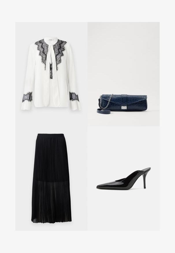 Blusa bianca con dettagli in pizzo nero lungo il colletto e le maniche, con un fiocco al collo e polsini arricciati.; Gonna midi plissettata nera con una cintura elastica liscia e sovrapposizione trasparente, caratterizzata da fini pieghe verticali su tutto il tessuto.; Mule in pelle patinata nera con tacco alto, punta affilata e silhouette elegante, dotato di apertura sul dietro e tacco a stiletto sottile.; Clutch in pelle blu navy con texture a coccodrillo, tracolla in catena argentata e chiusura metallica. Forma rettangolare con design pieghevole.