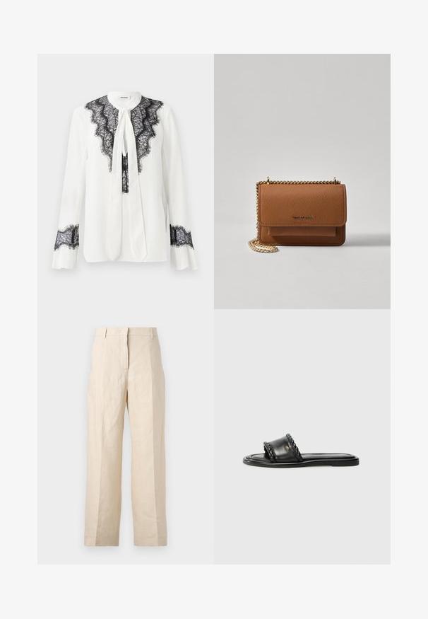 Blouse blanche avec des détails en dentelle noire le long du col et des manches, avec un lien au niveau du cou et des poignets volantés.; Pantalons en lin beige à coupe ample, avec un devant plissé et des jambes droites. Dotés d'une taille avec passants de ceinture et sans poches visibles.; Sandale en cuir noir avec des détails de lanière tissée, semelle plate et design épuré. Texture lisse et profil minimaliste.; Sac en cuir texturé marron en bandoulière avec une sangle en chaîne dorée et une fermeture à rabat. L'avant présente un détail de logo et une poche sous le rabat.