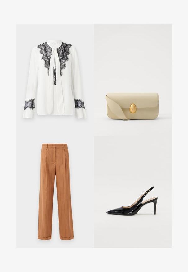 Biała bluzka z czarnymi koronkowymi detalami przy kołnierzyku i rękawach, z wiązaniem przy dekolcie i falbaniastymi mankietami.; Brązowe spodnie w prążki o dopasowanym kroju, z zakładkami, prostą nogawką i mankietami. Wykonane z gładkiego materiału.; Czarne lakierowane szpilki typu slingback z szpiczastym noskiem, smukłym obcasem i subtelnym wycięciem. Posiadają złotą klamrę na pasku.; Beżowa skórzana torebka o gładkiej fakturze, prostokątnym kształcie i złotym, owalnym zapięciu. Posiada długi, regulowany pasek.