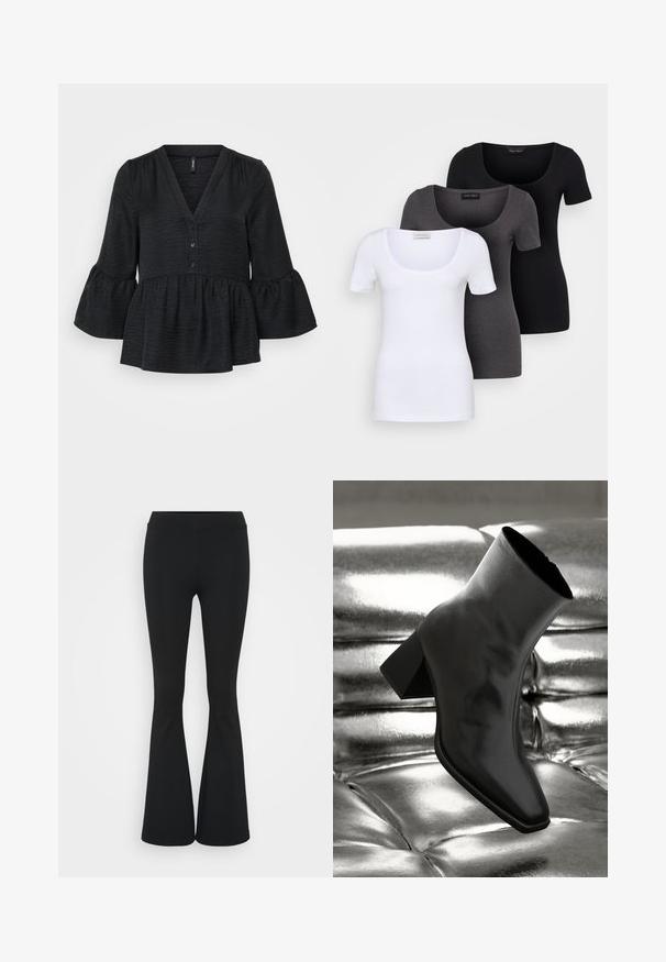 Must mustriga top V-kaelusega, nööbiplakiga ja laienevate varrukatega. Valmistatud tekstuuriga kangast, millel on pehme viimistlus.; Kolm mugavat T-särki valges, hallis ja mustas värvitoonis. Igal särgil on lai madal kaelus ja lühikesed varrukad. Valmistatud siledast, venivast kangast.; Mustad flared püksid venivast kangast, kõrge vöökoht ja sile tekstuur. Püksid laienevad põlve kohalt.; Must musta narmand, läikiva materjali ja ruudukujulise varbaga ning kitseneva kontsaga, paigutatud läikiva hõbedaselt tuftitud tausta ette.