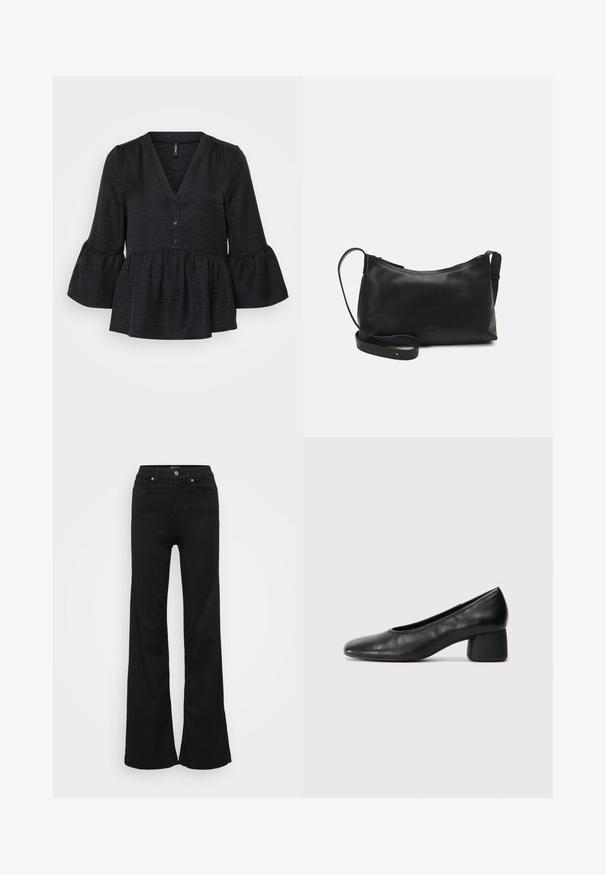 Juodas pepumo viršus su V formos iškirpte, mygtukų eiliu ir išpuoselėtomis rankovėmis. Pagamintas iš tekstūruoto audinio su švelniu paviršiumi.; Juodos plačios džinsinės kelnės, pagamintos iš denimo, su aukštu liemeniu, penkiomis kišenėmis ir metaliniu sagčių uždarymu. Lygi tekstūra su minimaliu dekoravimu.; Juodai odiniai aukštakulniai batai su apvaliu pirštu ir vidutiniu bloku. Lygi tekstūra su minimaliu apdailos, turinčia subtilų elastingą atidarymą.; Juodas odinis petinis krepšys su lygiu paviršiumi, išlenkta forma, reguliuojama dirželiu ir užtrauktuku. Minimalistinis dizainas be puošmenų.