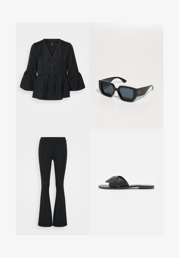 Black peplum top with a V-neckline, button placket, and flared sleeves. Made from textured fabric with a soft finish.; Black flared pants made of stretchy fabric, featuring a high waistband and a smooth texture. The pants flare out from the knee.; Black slip-on sandal with crossed straps. Made of smooth leather with a flat sole and minimal stitching. Simple, open-toe design.; Black oversized sunglasses with a geometric design, rectangular lenses, and glossy finish. No visible branding on the front.