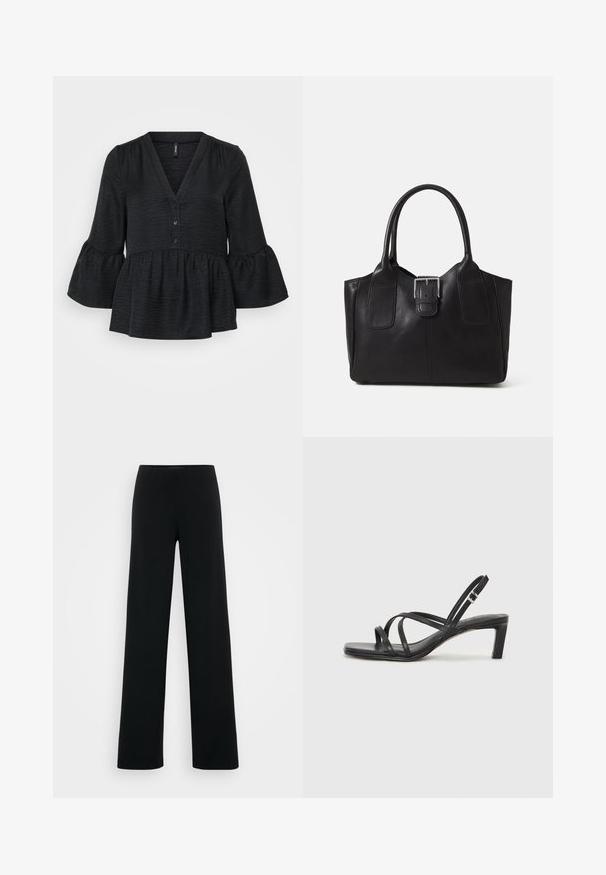 Fekete peplum felső V nyakkivágással, gombos zárással és bővülő ujjal. Texturált anyagból készült, puha felületű.; Vero Moda Tall VMBERLIN ZAMIRA WIDE - Nadrágok - black; Fekete pántos szandál négyzetes orral és alacsony blokk sarkal. Több vékony pánttal és állítható boka pánttal rendelkezik. Sima bőrből készült.; Fekete bőr bevásárlótáska sima textúrával, strukturált formával, két fogantyúval és egy figyelemfelkeltő ezüst csattal az elején.