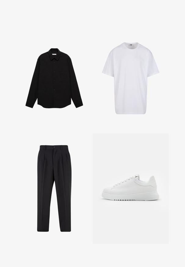 Chemise noire à manches longues avec une texture froissée, dotée d'un col pointu, d'une fermeture à boutons sur le devant et d'une poche sur la poitrine.; T-shirt en coton blanc avec des manches courtes, un col rond, une coupe décontractée et sans logos ni motifs visibles. Texture lisse et design minimaliste.; Pantalons noirs avec un design de devant plissé, fabriqués à partir d'un tissu lisse. Comprend une fermeture par bouton et des passants de ceinture ; coupe droite.; Baskets en cuir blanc avec un système de laçage, surface texturée et une épaisse semelle en caoutchouc blanc présentant un bord cranté pour une meilleure adhérence.