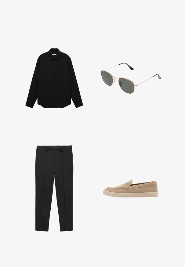 Czarna koszula z długim rękawem o pomarszczonej fakturze, z wyłogowym kołnierzykiem, zapięciem na guziki z przodu i kieszenią na piersi.; Czarne dopasowane spodnie wykonane z gładkiego materiału, z płaskim przodem, szlufkami na pasek i kieszeniami bocznymi. Prosty krój nogawek.; Beżowe zamszowe buty wsuwane z okrągłym noskiem i przeszywanymi detalami. Jasnobrązowa gumowa podeszwa o niskim profilu.; Złote okulary przeciwsłoneczne w stylu aviatora z ciemnozielonymi soczewkami, z wąskimi ramionami i akcentami w panterkę na końcach.