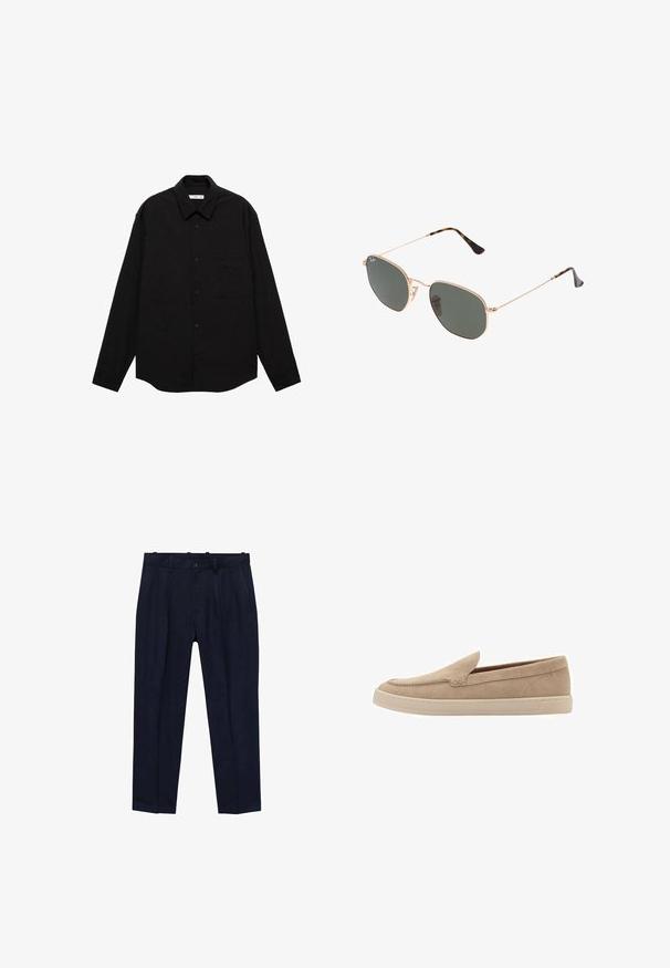 Sort langærmet skjorte i en rynket tekstur, med spidse kraver, frontlukning med knapper og en brystlomme.; Marinebukser lavet af glat stof, med en let skræddersyet pasform, frontfolder, bæltestropper og en enkelt knaplukning.; Beige ruskinds slip-on sko med en rund tå og syning detaljer. Lysfarvet gummisål med et lavprofileret design.; Guldmetallisk brille med mørkegrønne linser, aviator-stil, med slanke arme og skildpadde-mønstrede detaljer på spidserne.
