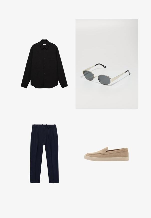 Schwarz langärmliges Hemd in einer zerknitterten Textur, mit spitzem Kragen, vorderem Knopfverschluss und einer Brusttasche.; Marineblaue Hose aus glatt gewebtem Stoff, mit einem leicht taillierten Schnitt, Vorderfalten, Gürtelschlaufen und einem Einzelknopfverschluss.; Beige Wildleder Slipper mit abgerundeter Spitze und genähten Details. Helle Gummisohle mit einem profillosen Design.; Sonnenbrille mit ovalen grauen Gläsern, silbernem Metallrahmen und schwarzen Akzenten an den Bügeln. Sie verfügt über ein elegantes Design und minimalen Metallaufwand.