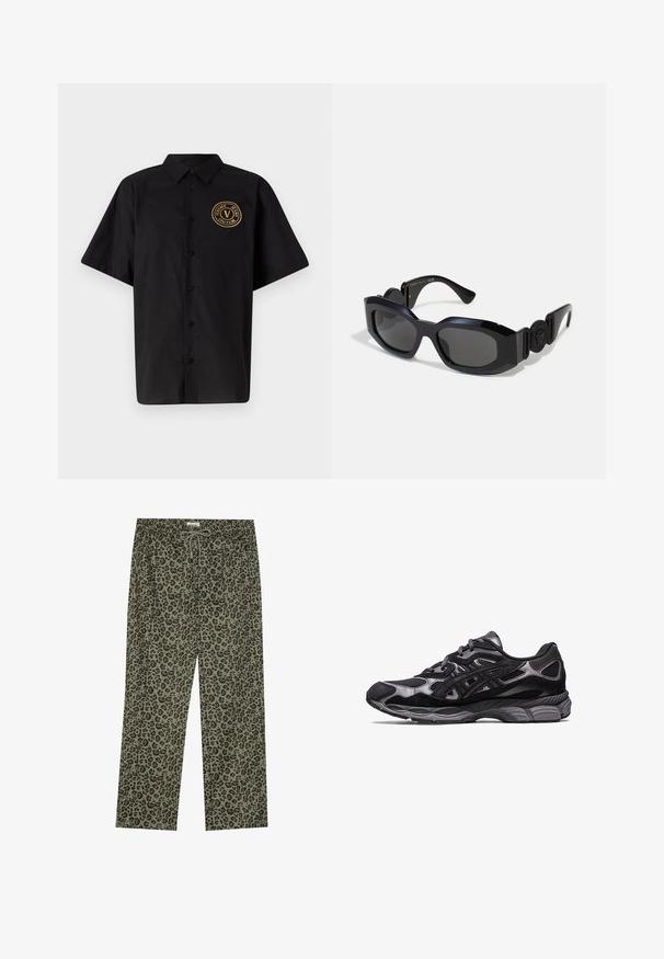 Versace Jeans Couture POP BASIC SOFT - Srajca - black/gold; Hlače z leopardjim vzorcem v olivno zeleni barvi, narejene iz mehkega materiala, z elastičnim pasom in vrvico za prilagodljivo prileganje.; Črne športne čevlje z zgornjim delom iz mrežaste in usnjene tkanine, ki imajo teksturiran dizajn in trden, oblazinjen sivi podplat.; Črne sončna očala s širokim, oglatim okvirjem in temno zamaknjenimi lečami. Imajo teksturirane črne strani in okroglo oznako na ročaju.