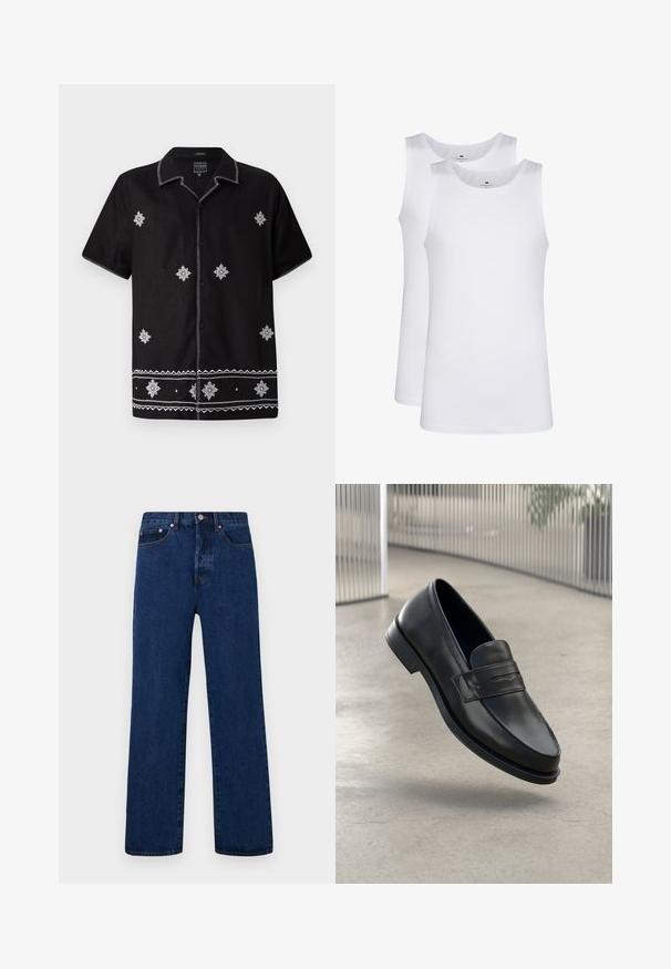 Czarna koszula krótki rękaw z materiału z białymi haftowanymi wzorami i akcentami. Posiada zapinanie na guziki z przodu oraz dekoracyjne przeszycia.; Białe bawełniane topy na ramiączkach, bez rękawów, okrągły dekolt, gładka faktura, wykonane z miękkiej, lekkiej tkaniny. Wyeksponowane dwa egzemplarze.; Granatowe dżinsy z prostą nogawką, z pomarańczowymi stębnowaniami, zapinane na guziki oraz z dwiema przednimi kieszeniami z kontrastującymi nitami.; Czarna skórzana wsuwana półbut, o gładkiej fakturze, spiczastym nosku i ozdobnym paskiem na podbiciu. Lekka podeszwa, minimalistyczny design.