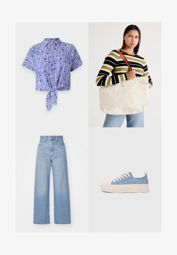 Zila un baltā īsās piedurknes krekls ar piegriezumu, kas apliecina saistīšanu priekšā un abstraktu viļņu rakstu. Viegls audums ar brīvu piegriezumu.; Gaiši zili augstās jostas vidukļa platās bikses ar priekšējo pogu un rāvējslēdzēju, priekšējām un aizmugurējām kabatām uz baltā fona.; Gaiši zili kanvas sneakeri ar krēmkrāsas gumijas pirksta aizsargu un ārējo zoli, aprīkoti ar baltām šņorēm un cilpu uz papēža.; Liels bežs kanvas iepirkumu maisiņš ar brūnu ādas siksnām, kas piedāvā minimālistisku dizainu un redzamās šuves akcentus.