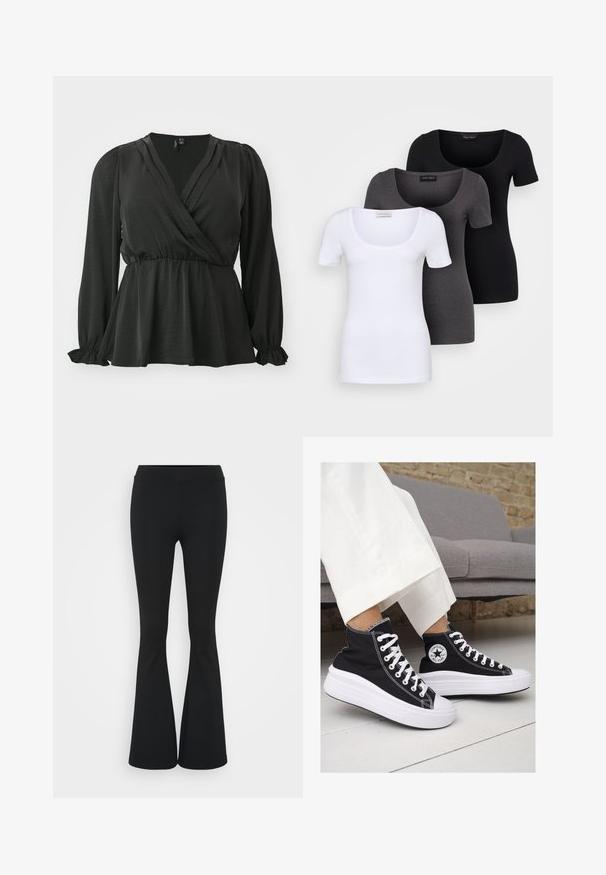 Vero Moda Curve VMCMARY SMOCK - Bluse - black; Drei figurbetonte T-Shirts in Weiß, Grau und Schwarz. Jedes hat einen weiten Rundhalsausschnitt und kurze Ärmel. Hergestellt aus glattem, elastischem Stoff.; Schwarze, ausgestellte Hosen aus dehnbarem Material mit hohem Bund und glatter Textur. Die Hose weitet sich ab dem Knie.; Schwarze Canvas-Hochtop-Sneakers mit weißen Gummisohlen und Schnürsenkeln. Mit einem runden Logo an der Seite und kontrastierendem weißen Nähten.