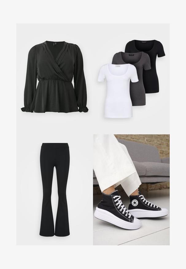 Vero Moda Curve VMCMARY SMOCK - Blouse - black; Trois T-shirts ajustés en blanc, gris et noir. Chacun présente un décolleté large et des manches courtes. Fabriqués en tissu lisse et extensible.; Pantalon évasé noir en tissu extensible, présentant une taille haute et une texture lisse. Le pantalon s'élargit à partir du genou.; Baskets montantes noires avec semelles et lacets en caoutchouc blanc. Dotées d'un patch logo rond et de surpiqûres blanches contrastantes. Matière en toile.