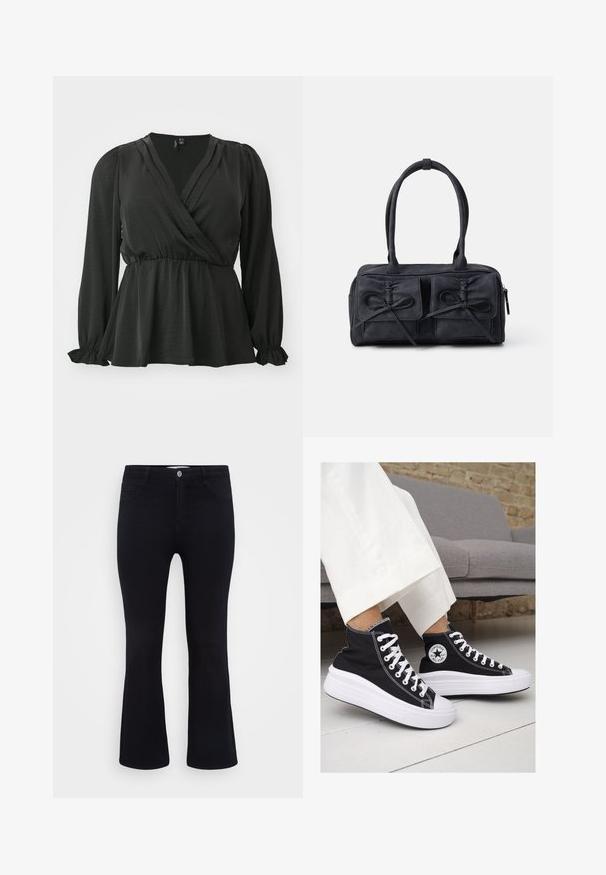 Vero Moda Curve VMCMARY SMOCK - Blouse - black; ONLY Carmakoma CARTHUNDER PUSH UP - Flared Jeans - black denim; Black canvas high-top sneakers with white rubber soles and laces. Features a circular logo on the side and contrasting white stitching.; Black fabric handbag with two front pockets featuring bow details, dual handles, and zip closure. Soft texture and rectangular shape.