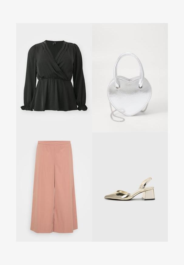 Vero Moda Curve VMCMARY SMOCK - Bluse - black; Rosa Weitbeinformhosen aus weichem Stoff, mit elastischem Bund, glatter Textur und einem lockeren, fließenden Design.; Goldene, metallische Slingback-Absätze mit spitzem Zeh und dicker Ferse. Glatte Textur, minimalistisches Design und ein schmaler Riemen.; Silberne metallische herzförmige Handtasche mit zwei Griffen, Kettenriemen und glatter Textur. Verfügt über Metallbeschläge und gestickte Kanten.