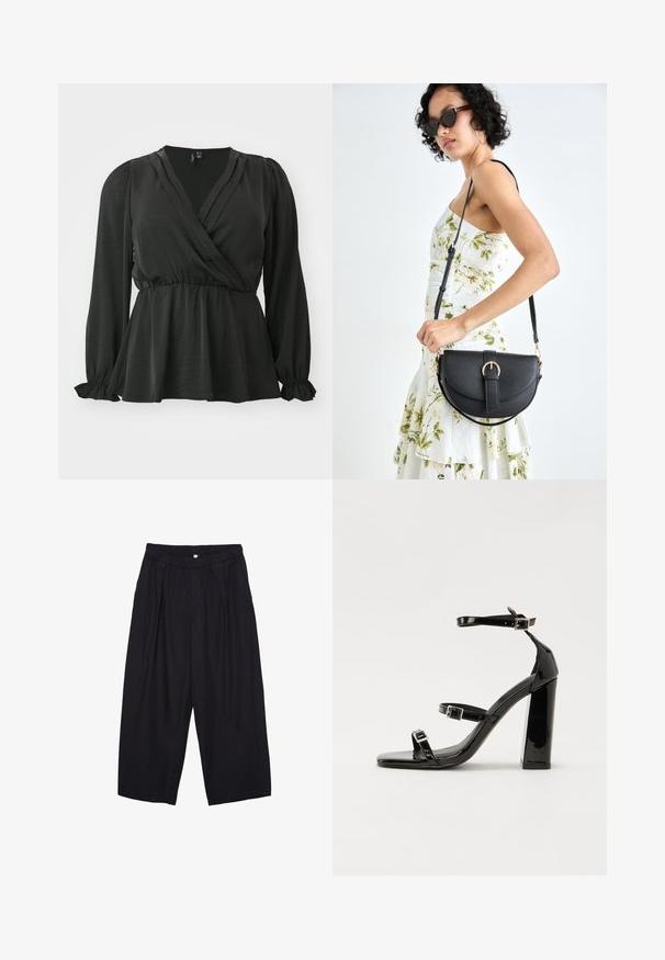Vero Moda Curve VMCMARY SMOCK - Bluza - black; Crne poliester hlače culotte s elastičnim pojasom, dva prednja nabora i širokim krojem. Nema vidljivih uzoraka ili metalnih detalja.; Crne lakirane sandale na pete sa kvadratnim nosom, trakama oko gležnja i srebrnim kopčama. Imaju čvrst blok petu za stabilnost.; Crna kožna torba s lukovitim oblikom, odvojivim remenom i zlatnim detaljima. Torba ima preklop s kopčom.