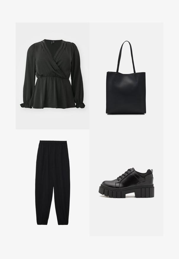 Vero Moda Curve VMCMARY czarny; Czarne, lekkie spodnie z elastycznym pasem i ściągaczami na kostkach. Materiał jest gładki i ma luźny, zwężany krój.; Czarne skórzane buty na platformie z masywnym słupkowym obcasem, okrągłym noskiem i klasycznym sznurowaniem. Posiadają gładką teksturę i minimalne wykończenia.; Czarna skórzana torba tote o gładkiej fakturze, prostokątnym kształcie i dwóch długich uchwytach. Brak widocznych elementów metalowych i ozdób.