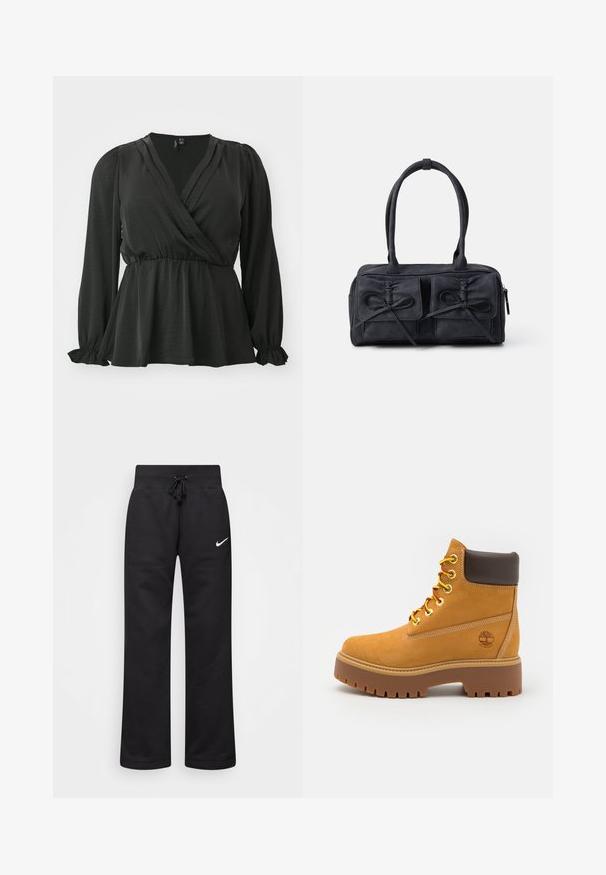 Vero Moda Curve VMCMARY SMOCK - Camicetta - black; Pantaloni sportivi neri realizzati in misto cotone, con vita elasticizzata regolabile, gambe dritte e logo bianco Nike sul lato sinistro.; Stivale alla caviglia impermeabile color beige con suola in gomma robusta, punta rotonda, colletto in pelle marrone, lacci gialli e un logo sul lato.; Borsa in tessuto nero con due tasche frontali decorate con fiocchi, doppi manici e chiusura zip. Texture morbida e forma rettangolare.